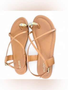 Aldo Tan Strappy Toe-Ring Flat Sandals with Gold Accent